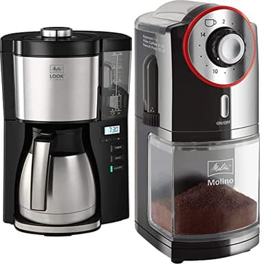 Melitta Look Therm Timer 1025-17 Cafetière filtres 1X4 Fonction arrêt Automatique 10 Tasses Noir/Acier Brossé, 1080 W, 1.25 liters & Molino, Noir/Rouge, Moulin à Café Électrique, Broyeur à Meule Plate