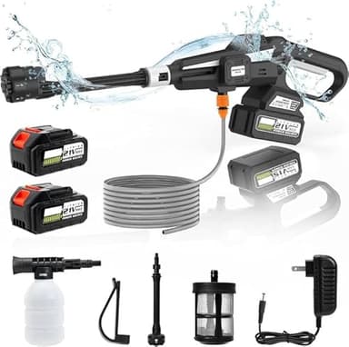 Nettoyeur Haute Pression, 200Bar Nettoyeur Haute Pression sans Fil Portable, Buse 6 en 1 avec 2 Batteries, 5m Tuyau et Accessoires, Idéal pour Voitures Maison Jardin (A)