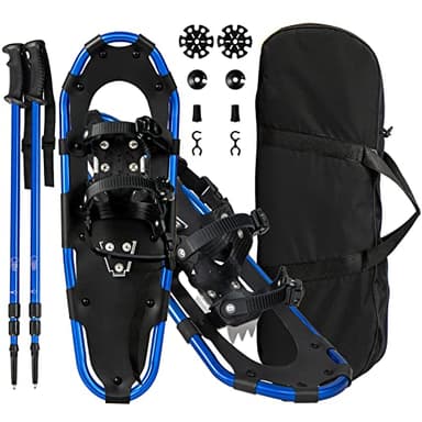 GOPLUS Ensemble de Raquettes Légères pour Terrains, Raquettes de Neige en Alliage d'Aluminium avec Bâtons de Randonnée Antidérapants Réglables, Sac de Transport Imperméable(78 x 23 cm, Marine)