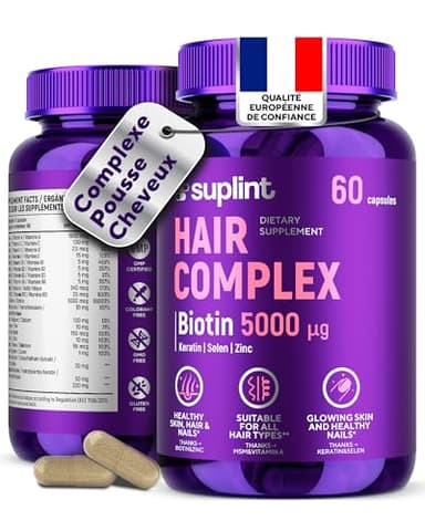 Complément Alimentaire Cheveux – Biotine 5000 µg + MSM + Kératine – Pousse Cheveux Très Rapide & Anti-Chute de Cheveux Femme – Biotine Cheveux Pousse Rapide – 60 Gélules – 2 Mois de Cure