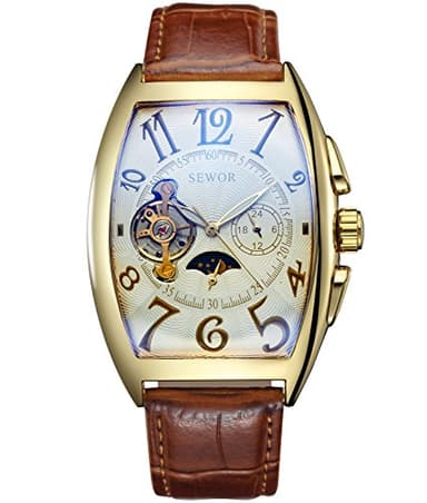 SEWOR Luxe Tourbillon Homme Phases de la Lune mécanique Automatique Montre Bracelet Bande de Cuir Revêtement de Verre Bleu (Gold Platin)