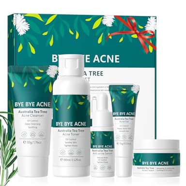 Kit Skincare Routine Anti Acné, Arbre à Thé Ensemble de Soins de la Peau 5 Pièces, Anti-Imperfections Purifiant et Apaisant, Pour Peaux Acnéiques et Tendance Grasse