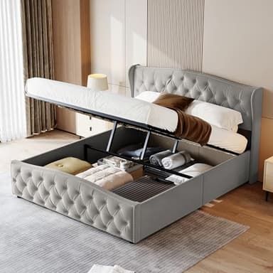 Yeutre Lit Coffre 160x200 cm, Lit Deux Personnes avec Coffre de Rangement Hydraulique, Tête de Lits Capitonné, Sommier à Lattes, Cadre de Lits pour Adultes et Ado, Design Moderne, Velours(Gris)