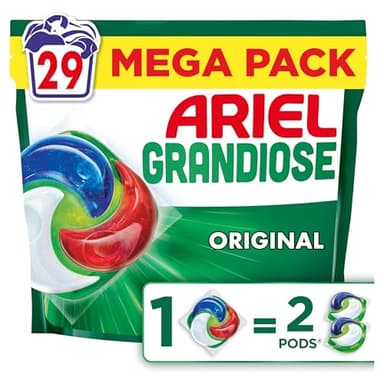 Ariel Pods Grandiose Original, Lessive en Capsules, 29 Lavages, 2X Action Détachante et Anti-Odeur Sur Les Tâches Tenaces, Dissolution Rapide Même à Froid, Fabriqué en France