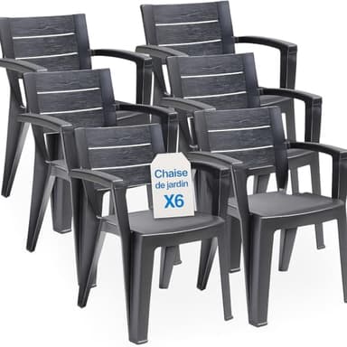 Tomaino - Lot de 6 chaises de jardin en plastique maya - empilables avec accoudoirs et dossier à lattes - Chaise de jardin pour extérieur, terrasse ou bar - Noir