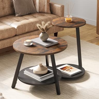 YITAHOME Lot de 2 Tables Basses Rondes, Tables Basses Gigognes avec Table d'appoint en Forme de C, Table de Canapé avec Espace de Stockage, Poste de Travail Salon, Chambre à Coucher, Brun Rustique