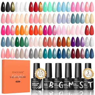 PEACECOLOR 40pcs Vernis Semi Permanent, 35 Couleurs Vernis Gel UV Semi Permanent Blanc Rouge Rose Bleu avec 5pcs Base Top Coat Vernis à Ongles Soak Off Gel Polish pour Salon DIY Débutant