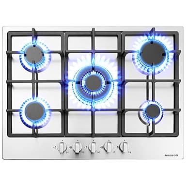 Arebos Table de cuisson à gaz 5 feux | Cuisinière à gaz en acier inoxydable avec protection automatique contre les flammes | Gaz naturel ou propane