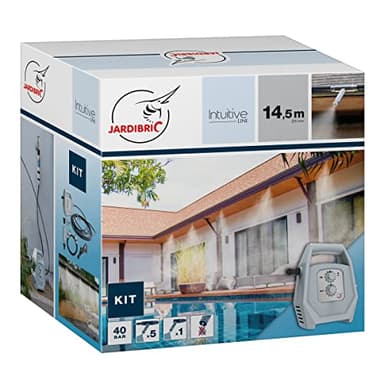 Jardibric - Kit de Brumisation KPBRU20 - Pompe Programmable Jusqu'à 40 Bars, 14.5m, 7 Buses Anti-Goutte et Filtre Anti-Calcaire Inclus - Rafraîchissez Efficacement l'Air dans Votre Espace Extérieur