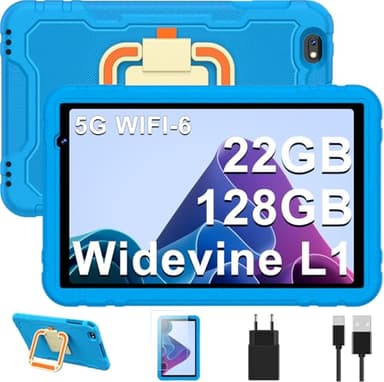 JUEDUR Enfants 10 Pouces Android 14 Tablette avec 22GO RAM+128G0 ROM (TF 1TB), Contrôle Parental, 8000mAh, Octa-Core, Widevine L1, WiFi 6, BT 5.0, Tablette Éducative avec Kid-Proof Étui- Bleu