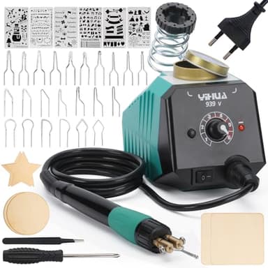 YIHUA 939-V Kit de Pyrograveur sur Bois avec 23 Pointes en Fil, Stylo de Pyrogravure Détachable, 6 Morceaux de Bois, 6 Pochoirs, Tournevis et Pinces Utilisés comme Kit de Pirogravure pour Bois