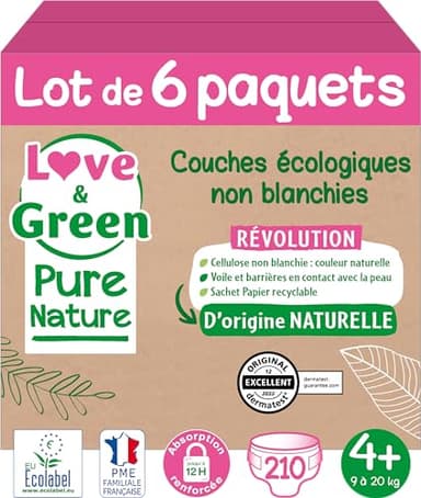 Love & Green Pure Nature Pack de 210 Couches écologiques non blanchies T4+ x 35 (9-20 kg)