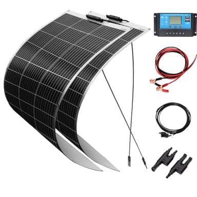XINPUGUANG 200W 12v Système solaire kit 2pcs 100w Panneau Solaire flexible Monocristallin Module 20A USB Contrôleur Câble pour bateau RV camping car voiture (200W Kit de panneaux solaires)