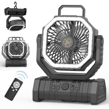 OUWANCH Ventilateur de camping portable avec lumière LED, 4 niveaux 20000 mAh avec télécommande et crochet Ventilateur de table USB silencieux pour pêche, pique-nique, barbecue, randonnée