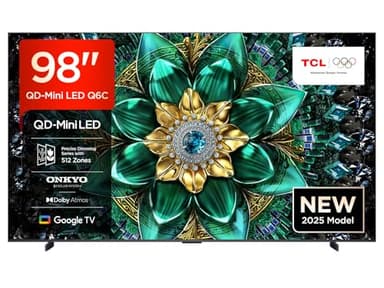 TCL 98Q6C QD-Mini LED TV, 4K HDR Premium 1000nits, Smart TV alimenté par Google (Dolby Vision IQ et Atmos, Panneau HVA Mat, système Audio Onkyo 2.1, Motion Clarity Pro 144Hz)
