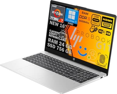 HP ProBook 465 G11 Ordinateur Portable Ryzen 7 7735U, RAM 24Go DDR5, SSD PCI 1To, Écran 16" FHD, Caméra 5MP, WiFi6E, Thunderbolt, Empreinte Digitale, Clavier AZERTY Rétroéclairé, Aluminium, Win 11 Pro