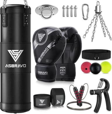 ASBRAVO Sac de Frappe Adultes 120 cm Lourd - Kit avec Gants de Boxe 12 oz et Bandes de Main 5 m - pour Entraînement MMA, Karaté, Taekwondo, à Domicile ou en Salle de Sport - Non Rempli