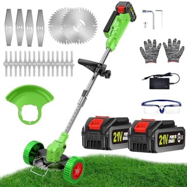 Debroussailleuse Electrique sans Fil 21V 2000Ah Coupe Bordure sans Fil avec 2 Batterie et Chargeur Rapide 29 Lames de Rechange Faible Bruit pour la Coupe de Jardin, Pelouses