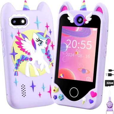 Telephone Portable Enfant Jouet - Téléphone pour Enfant avec écran Tactile, Caméras, Apprentissage Jouet, Jeux avec , Carte SD de 32 Go, Cadeau d'anniversaire pour Les Filles de 3, 4, 5 et 6 Ans
