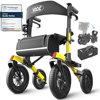VOCIC Deambulateur 4 roues pliable leger pour personnes âgées,Deambulateur avec assise et panier,Déambulateur en aluminium réglable en hauteur pour l'extérieur et les voyages,Jaune(Garantie 5 ans)
