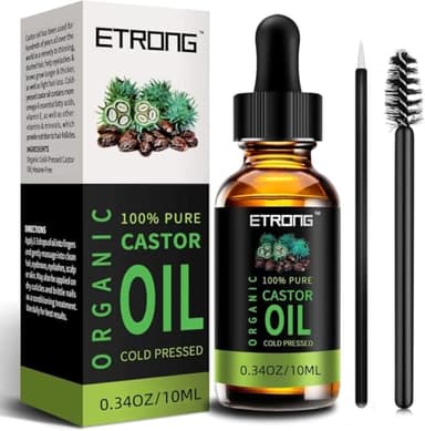 ETRONG Huile de ricin bio pure pressée à froid pour sourcils, cils, pousse des cheveux, ongles et peau avec 1 lot de pinceaux pour sourcils et eye-liner (10 ml)