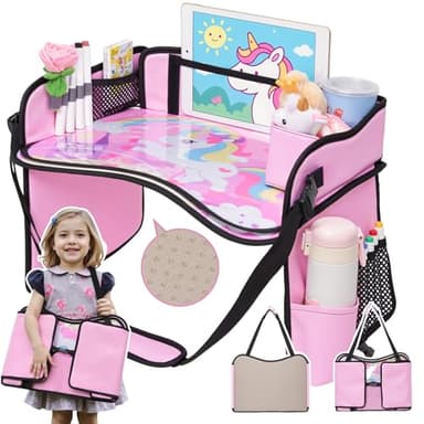 OUOZZZ Plateau de Voyage Enfant Voiture - Tablette Voiture Enfant Pliable avec Tableau Effaçable et Poches de Rangement, Idéal pour Jouer, Dessiner et Manger en Voyage (Licorne)