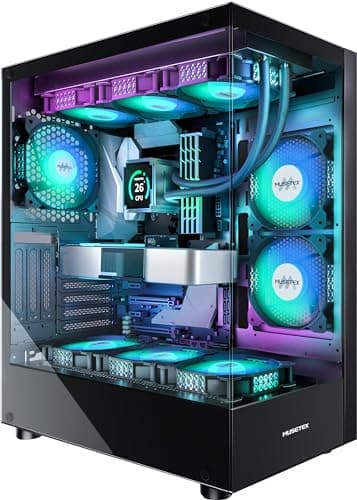 MUSETEX Boitier PC ATX pré-Installation 6 Ventilateurs PWM ARGB, Boîtier ATX Mid Tower avec Double Verre panoramique, Boitier PC Gamer de Jeu de Type C, Noir (K2)