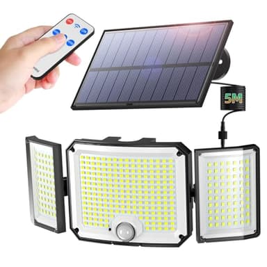 WeBeqer Lampe Solaire Exterieur avec Télécommande, 346 LED Lumière Solaire Extérieure Détecteur de Mouvement Solaire IP65 Eclairage Exterieur Solaire, LED Spot Solaire avec Câble de 5M