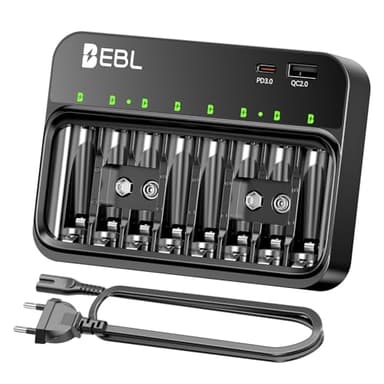 EBL Chargeur de Piles AA AAA 9V, PD 20W Chargeur Piles Universel pour AA/AAA/9V Ni-MH Piles Rechargeables, avec 2 Sortie PD3.0 USB C et Micro USB pour Charger Téléphone et Tablette