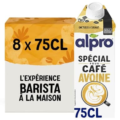 Alpro Spécial pour Café Avoine, Boisson Végétale Avoine Barista, Facile à Mousser, Naturellement Sans Lactose, Sans Sucres Ajoutés, Source de Fibres & Vitamines B2 & D2, 8x750 mL