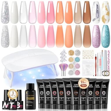 COSCELIA Kit Ongle Gel UV Complet 37PCS,Poly Extension Gel Kit 10 Couleurs 16ML avec Lampe Base Top Coat et 6pc Acrygel Ongle Acrylique Poudre Pailleté Manucures
