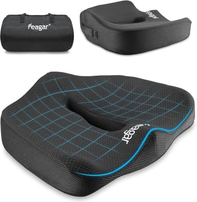 Feagar Coussin de Chaises en Mousse à Mémoire - Coussin Coccyx Ergonomique pour Siège Voiture Auto Conducteur Fauteil Bureau Fauteuil Roulant,Coussin Sciatique,Coussin d Assise,Noir