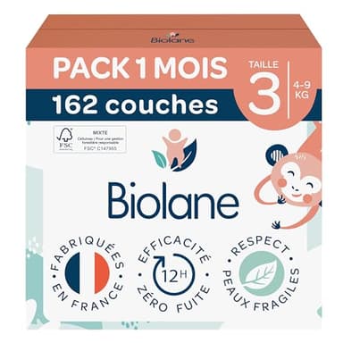 BIOLANE - Couches bébé taille 3 - (4-9 kg) - Peaux Sensibles - Ultra-Absorbant, Pas de Fuite, jusqu'à 12h au Sec - Confort & Protection - Pack 1 mois 162 couches - Fabriqué en France