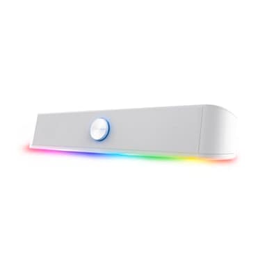 Trust Gaming GXTrust 1619W Rhox Barre de Son Éclairée RGB, Enceintes Stéréo 2.0 Éclairage LED, 12W, Alimentation USB, Câble AUX 3.5 mm, Enceinte PC pour Ordinateur Portable, Blanc
