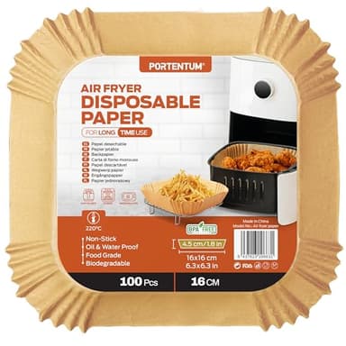 PORTENTUM Papier cuisson air fryer - 100 pièces Food-Grade BPA gratuit, 16 x 24 cm, pour friteuse sans huile 3 à 4,5 litres - Idéal pour la cuisson saine