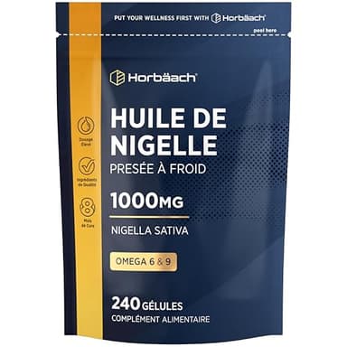 Huile de Cumin Noir | 240 gélules | Pressée à froid | Oméga 6 9 | Nigella Sativa | Huile de graines noires | Horbaach