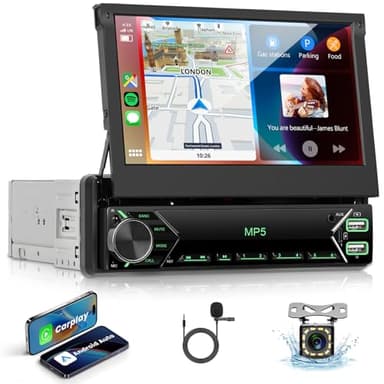 VECHTEL Autoradio 1 Din avec Carplay Android Auto Câblé, Autoradio 7 Pouces IPS avec Écran Tactile Pliable, Radio FM, Mirror Link, USB, SWC, Mic, Caméra de Recul