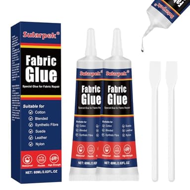 Sularpek Colle Tissu, 2 * 60 ML Colle Textile, Colle Inodore Lavable en Machine, Colle Tissus Couture pour Jeans, Tissus et Textiles, Polyester, Sans Solvant, Séchage en 24 Heures et Imperméable