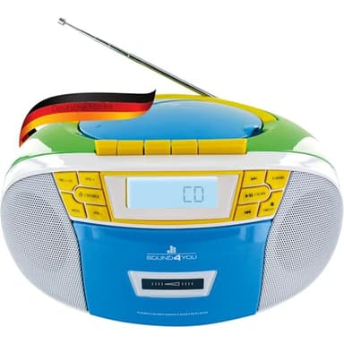 SCHWAIGER 661644 Lecteur CD avec Cassette et Radio MP3 Connexion USB FM Radio AUX Casque Boombox Fonctionnement sur Secteur et Piles Affichage Portable Multicolore