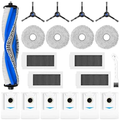 Lot de 20 accessoires pour robot aspirateur ECOVACS DEEBOT X5 Omni / X5 Pro. 1 Brosse Principale, 4 HEPA Filtres, 4 Chiffons, 6 Sacs à poussière, 4 Brosses latérales,1 Brosse de Nettoyage