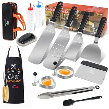 MUJUZE Set de Accessoire Plancha INOX,Kit Plancha Cadeau Homme Papa,Spatule Professionnelle pour Barbecue de Gril pour Gril Teppanyaki et Camping