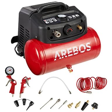 Arebos 6L Compresseur d'air 1200W | incl. 13 pieces d'outils pneumatiques | Arrêt automatique | Tuyau d'air extra long | Sans huile | Compresseur d'air 8 bar