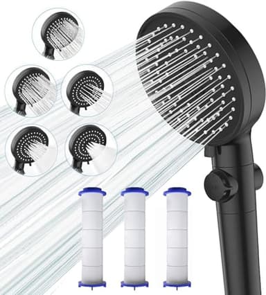 Pommeau de Douche avec 3 Filtres (Bouton Arrêt +5 Mode Jet Réglable), Pommeau de Douche Anti Calcaire, Pomme de Douche à Haute Pression Economie d’eau, Pression d'eau Bien Pour Se Laver Les Cheveux