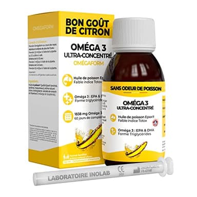 INOLAB Omega 3 Huile poisson sauvage 2297mg ultra concentrée DHA EPA/Format Economique/Enfants & adultes (Pipette graduée) 2 à 10 mois/Qualité pureté Epax®, faible indice Totox/goût Citron naturel
