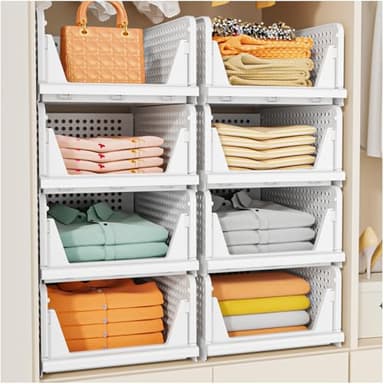 SNSLXH Lot de 5 Boîtes de Rangement pour Vêtements, Organisateur Tiroir et Armoire Pliable, Rangement Dressing Empilable, Boîte de Rangement Placard pour Salle de Bain, Cuisine, Buanderie, Blanc