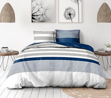 Parure de Couette 220x240 cm – 3 pièces – Percale de Coton Douce – Housse + taies – Blanc & Bleu Encre – Modèle La Courtisane