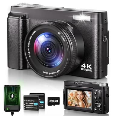 Appareil Photo Numérique Compact 4K avec 32G Carte, 48MP Apareile de Photo Autofocus avec UV Lentille 3" LCD Digital Camera Vlog avec 16X Digital Zoom pour Débutant
