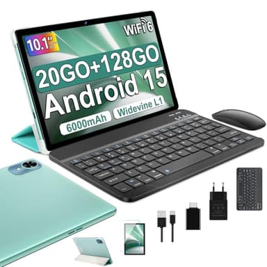 fezawio 2025 Dernier 10 Pouces Tablette Android 15 avec 5G Wi-FI 6,20 GO RAM+128 GO ROM (1To TF),Octa-Core Tablette Tactile PC,GMS,Widevine L1,6000mAh,8 MP+5 MP,avec Clavier+Souris et Cas,Vert