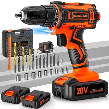 Perceuse Visseuse Sans Fil 20V, Visseuse Devisseuse Sans Fil avec 2 Batteries 2.0Ah, 42Nm, 25+1 Réglages de Couple, 2 Vitesses, LED, 24 Accessoires et Valise, pour la Bricolage