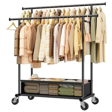 Klyvvo Portant Vetement Solide à Roulettes avec Panier à Linge, 110KG Double Portant Vêtements Roulettes pour Vêtements, Pulls, Manteaux, Manteaux d'hiver, Porte-vêtements, Solution d'urgence, Noir